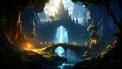 Fantasy landscape with castle and bridge.