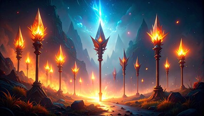 Mystical landscape with glowing torches.