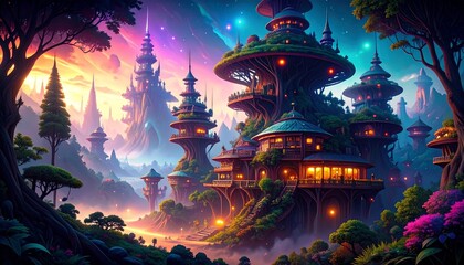 Fantasy treetop village at sunset glow