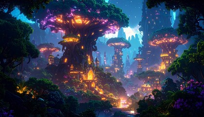 Fantasy forest with glowing treehouses at night.