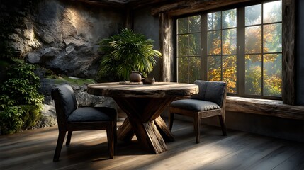 A realistic high-definition photo of a dining area with round table and modern chairs.