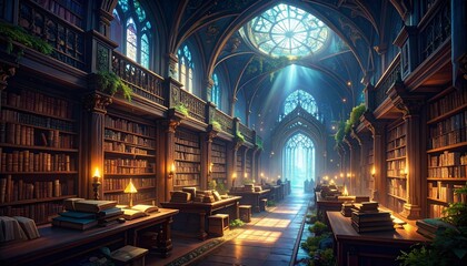 Sunlit historical library with arched windows.