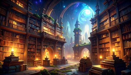 Magical library with glowing lights and books