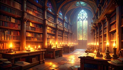Vintage library with lit candles and books