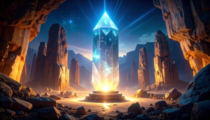 Glowing crystal in mystical canyon landscape