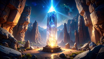 Magical crystal spire in rocky canyon landscape.