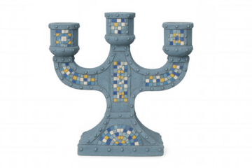 Studio shot of a blue candelabra decorated with mosaic tiles, isolated on a transparent background