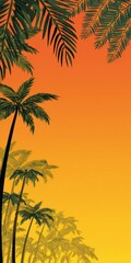 Palm trees with dark green foliage against a vibrant gradient orange and yellow sky