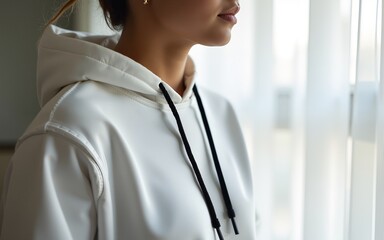 Close-up of a person wearing a white hoodie with black drawstrings, captured indoors in natural light showcasing a minimalist style. High quality