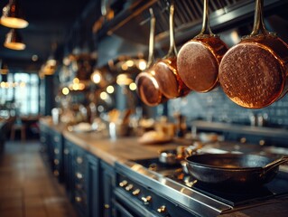 Culinary workspace with copper pots in kitchen
