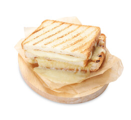 Tasty sandwich with melted cheese isolated on white