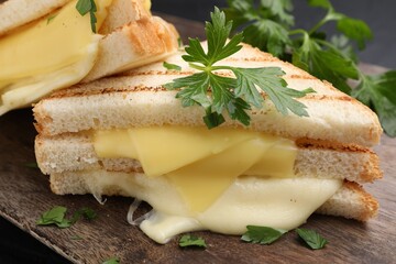 Tasty sandwiches with melted cheese and parsley on table, closeup