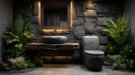 A realistic high-definition photo of a compact bathroom with floating vanity and mirror cabinet.