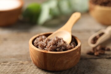 Natural body scrub on wooden table, closeup