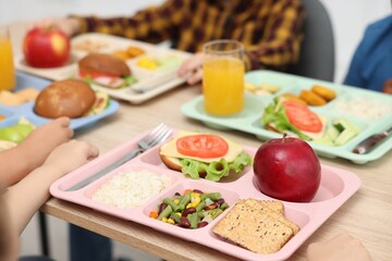 Little kids eating lunch at wooden table in school canteen, closeup