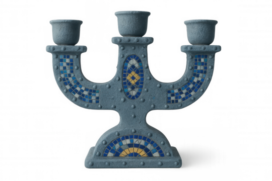 Gray candelabra decorated with blue mosaic tiles, isolated on transparent background, perfect for interior design projects