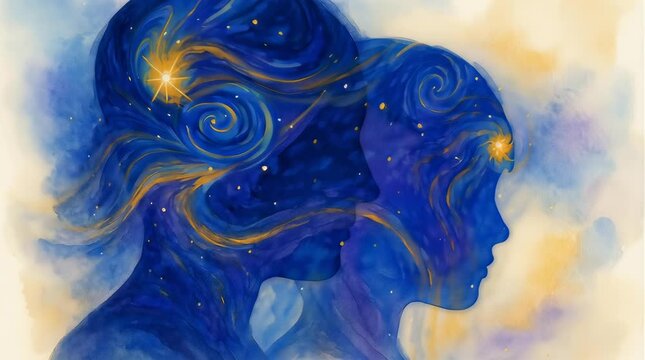 Abstract watercolor of two blue silhouettes with swirling cosmic patterns, symbolizing neurodivergence, creativity, and the unique perspective of the Asperger spectrum

