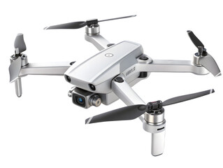 Modern white drone with camera and propellers isolated on black background