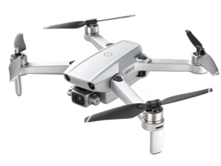 Modern white drone with camera and propellers isolated on black background