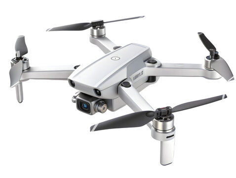 Modern white drone with camera and propellers isolated on black background