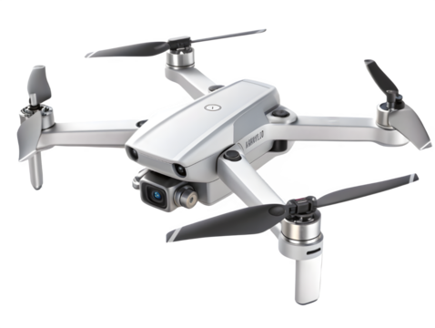 Modern white drone with camera and propellers isolated on black background