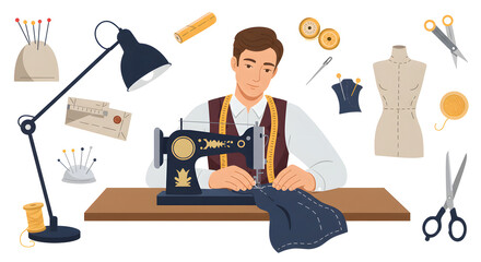 Tailor at Work A Detailed Vector Illustration of a Man Skillfully Sewing Fabric with a Vintage Sewing Machine Amidst Tailoring Tools
