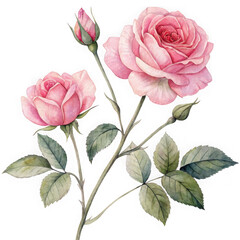 Beautiful pink roses and buds with green leaves isolated on transparent background