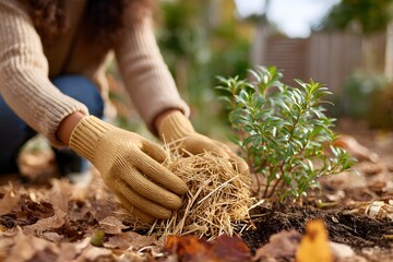 Woman mulching soil around plants for winter preparation Generative AI