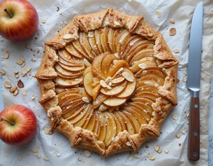 Rustic apple galette with flaky pastry, showcasing sliced fruit and a hint of almonds.
