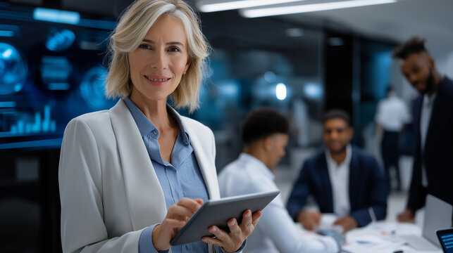 Confident leader presenting tablet with futuristic data visuals
