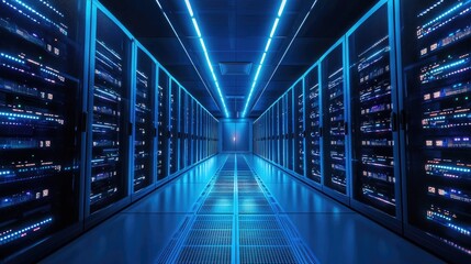 Modern data center corridor with glowing blue lights and high performance server racks, ideal for technology, IT infrastructure, cloud computing, networking, and cybersecurity projects
