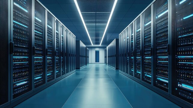 Futuristic data center hallway with server racks and bright LED lighting, ideal for technology, IT infrastructure, cloud computing, data storage, networking, and cybersecurity projects - Powered by Adobe