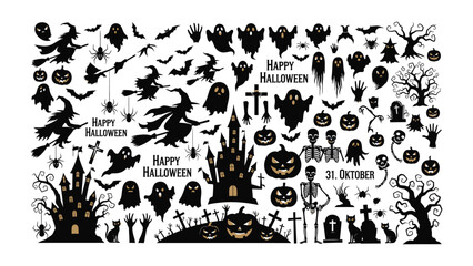 Halloween Silhouettes: A spooky collection of Halloween silhouettes, featuring ghosts, witches, pumpkins, and bats. Perfect for festive designs.