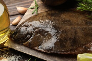 Fresh flounder fish, salt and rosemary on wooden table, closeup. Raw seafood
