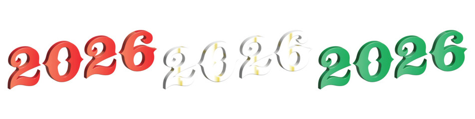Creative 3D typography design of 2026 numbers in red, white, and green colors. Perfect for New Year celebrations, posters, greeting cards, digital banners, and event decorations