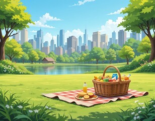 A delightful picnic spread on a checkered blanket in a vibrant park with a city skyline in the background.
