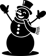 black silhouette of a joyful snowman with stick arms raised high in celebration