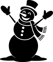 black silhouette of a joyful snowman with stick arms raised high in celebration