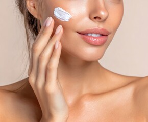 Woman Touching Face with Skincare Cream