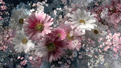 A profusion of pink and white daisies and baby's breath, artfully arranged against a moody, dark background.  The flowers are softly blurred, creating a dreamy, romantic effect