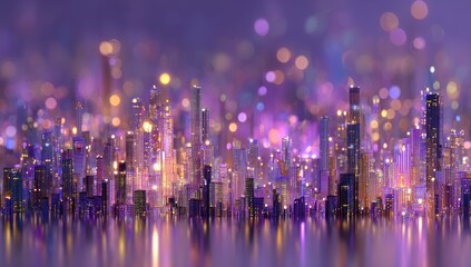 A stylized, futuristic cityscape at night, shimmering with purple and gold lights reflected in a glassy surface, bokeh effects adding depth