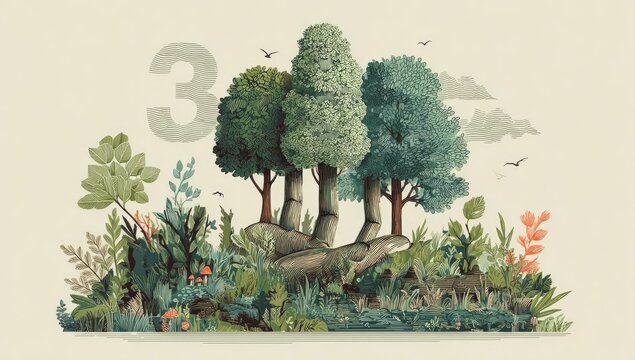 A stylized illustration of three trees, their roots intertwined, amidst lush, vibrant flora and fauna, set against a muted beige backdrop, with a prominent "3" suggesting a numbered sequence or theme