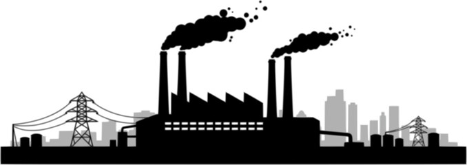 Naklejka premium Industrial factory vector icon silhouette with smoke and power towers in a city skyline design 
