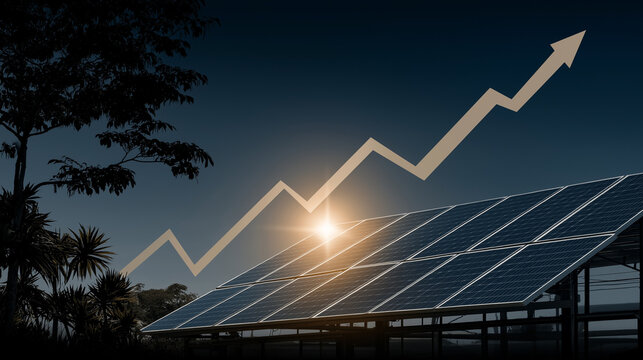 Solar Energy Ascent: A symbol of renewable energy, a rising line graph ascends above a field of solar panels, representing growth and progress.