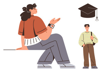 Female and male students in casual attire discussing future academic aspirations. Mortarboard symbolizing education and achievement. Ideal for education, learning, teamwork, success, youth