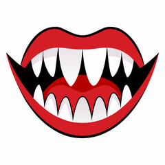 Fierce vampire fangs and lips baring sharp teeth in a striking open mouth, conveying a powerful and menacing Halloween or fantasy theme.