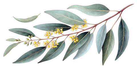 Eucalyptus branch with delicate yellow flowers and elongated green leaves isolated on transparent background