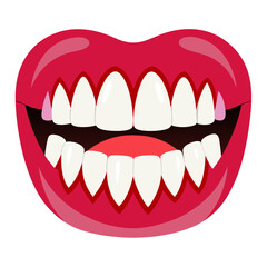 Naklejka premium Vibrant red lips parted to reveal a dazzling, perfect smile with gleaming white teeth, conveying confidence, health, and beauty in a striking visual.