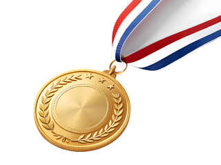Close up of a gold medal with a colorful ribbon on a black background