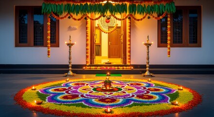Obraz premium Decorative Onam house entrance with rangoli, thoranam, and glowing lamps.